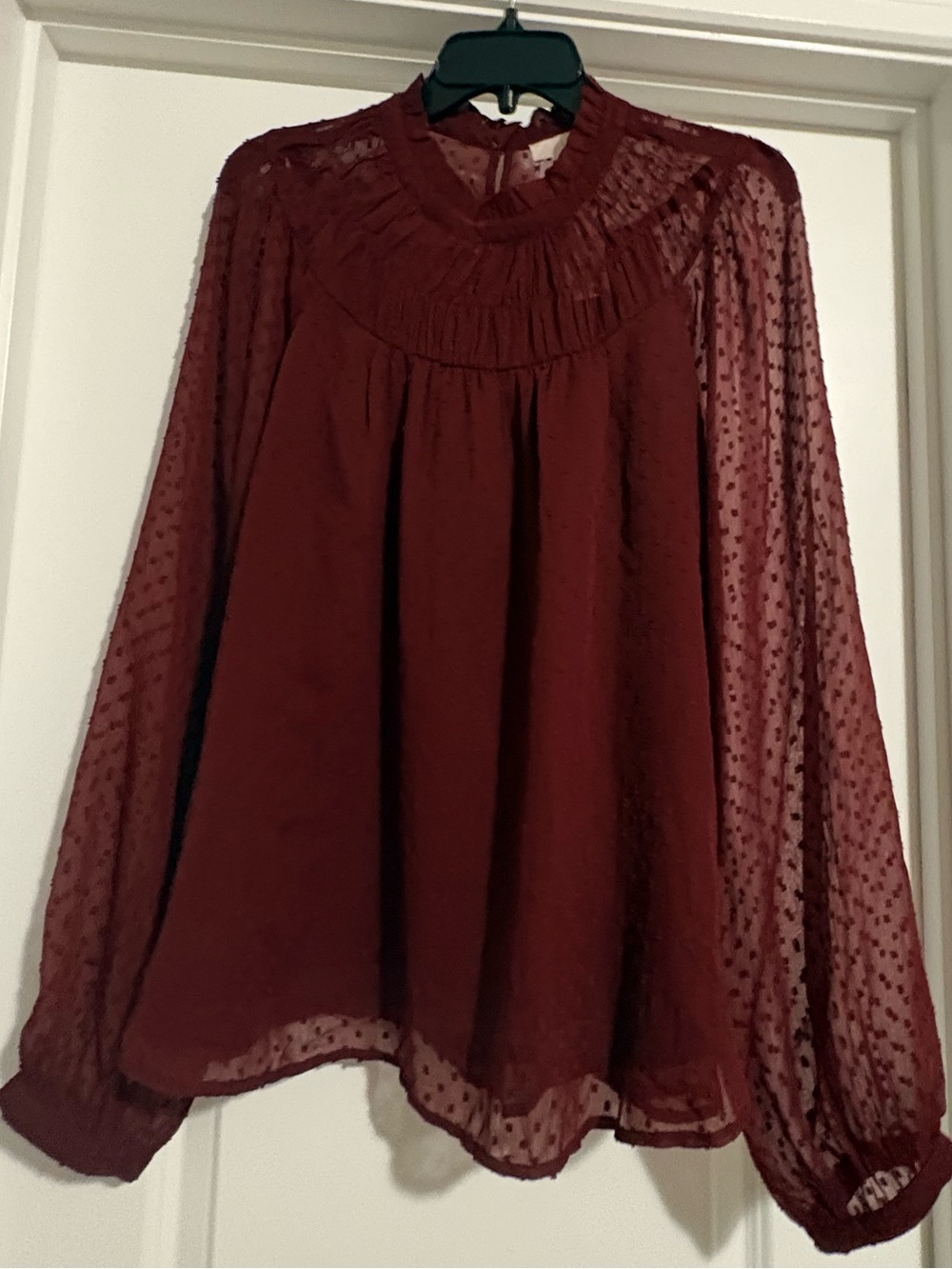 LOFT Burgundy Sheer Dotted High-Neck Blouse